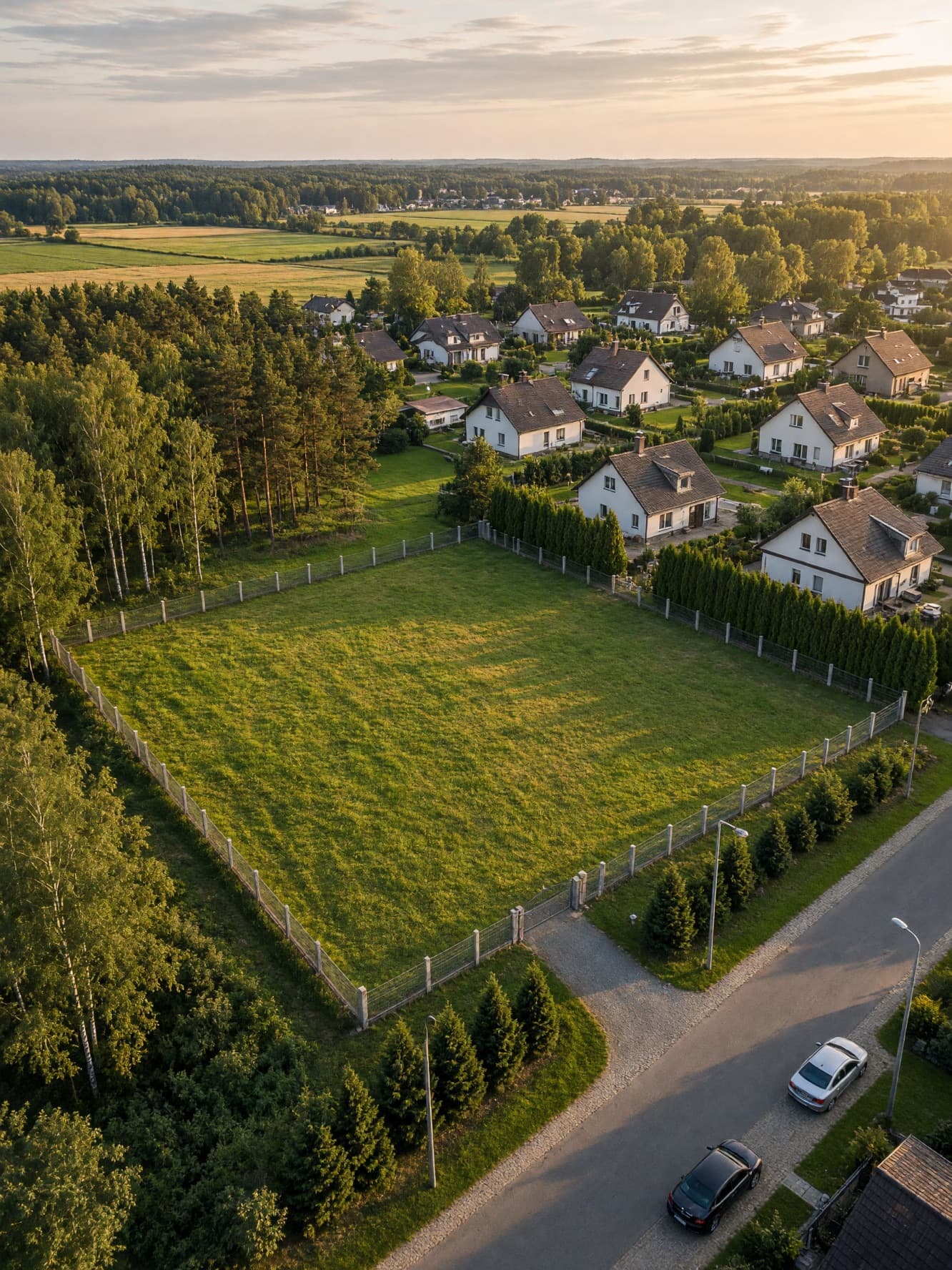 Pusta działka budowlana w podmiejskiej zabudowie, z drogą publiczną przy froncie